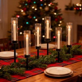 Black Hurricane Candle Holders Set of 6, Tall Metal & Windproof Glass Taper Candle Holders, Outdoor/Indoor Table Centerpieces for Weddings, Christmas, Parties, Fireplace Decor