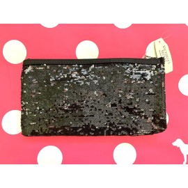 Victoria's Secret (1) Victoria's Secret Black Silver Sequin Clutch Makeup Double Zip Bag Purse NEW