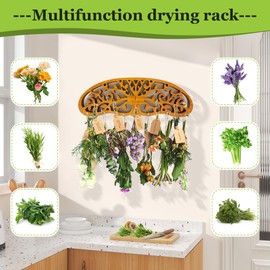 Rustic Herb Drying Rack Hanging,Wooden Tree of Life Dried Herb Flowers Rack Wall Art,Home Kitchen Witch Decor Wall Flowers Grass Gift,with 11 Hooks and 25 Gift Cards & 40 Inch Twine