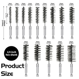 FYSL Pack of 14 Wire Brush Drill, Cylinder Wire Brush with Hex Bar 1/4, Cylinder Brush for Drill, Stainless Steel Hole Brush for Polishing Grinding Hammer Drills, 8-25 mm