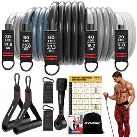 GYMERK Resistance Bands Set, Widerstandsbänder Krafttraining Mit Gummigriffe, Trainingsplakat, Knöchelriemen, Türanker, Tragtasche, 5er Widerstandsstufen Ideal für Krafttraining Physiotherapie