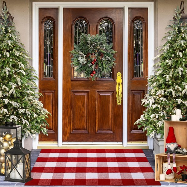 Acerich Christmas Door Mat 27.5" x 43" Buffalo Plaid Red and White Christmas Doormat Outside Outdoor Indoor for Home, Porch, Bedroom, Kitchen Decor