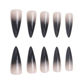 SINHOT Stiletto Press on Nails Extra Long Fake Nails with Glue Glossy False Nails with Black Gradient Designs Full Cover Almond Acrylic Nail 24pcs