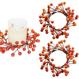 2 Pcs Fall Candle Rings with Artificial Orange Berries Mini Berry Twig Wreath Candle Wreath Berry Rings 4" Center Wide for Thanksgiving Fall Wedding Rustic Seasonal Decoration (Orange-2pc)