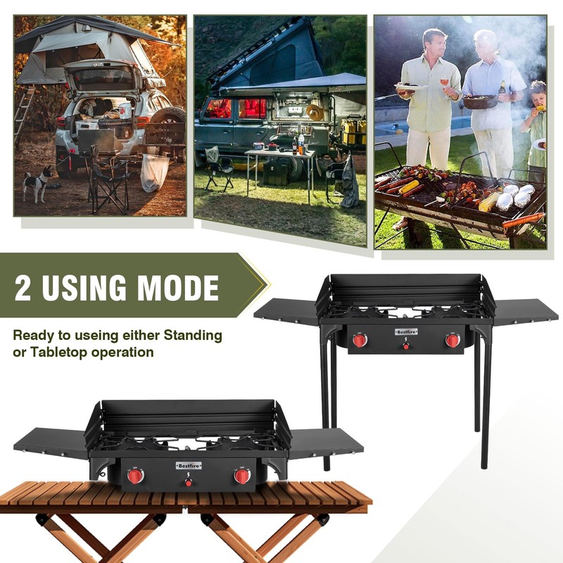 Bestfire 2 Burner Camping Stove with Windpanel& Side Shelves, Bag,
