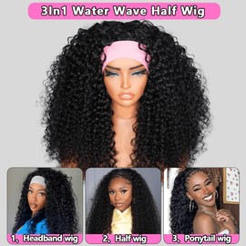 OWNROSE Half Wig Human Hair 200 Density Water Wave Wear Go Glueless Wig Curly Half Wig Human Hair Seamless Flip Over with Drawstring Beginner Friendly Curly Wig Headband Wigs for Women 18 Inch