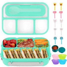 Bento Box, Fiambrera Lonchera para Adultos Niñas y Niño, Caja de Almuerzo de Estudiante, 1300 ml-4 Compartimentos, con Púas de Alimentos,Tazas para Tartas (VERDE)