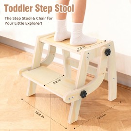 Toddler Step Stool, Foldable Step Stool for Kids, Convert to Chair, Toddler Stool for Bathroom Sink & Potty Training, Wooden Step Stools w Non Slip Base for Kitchen, Bedroom