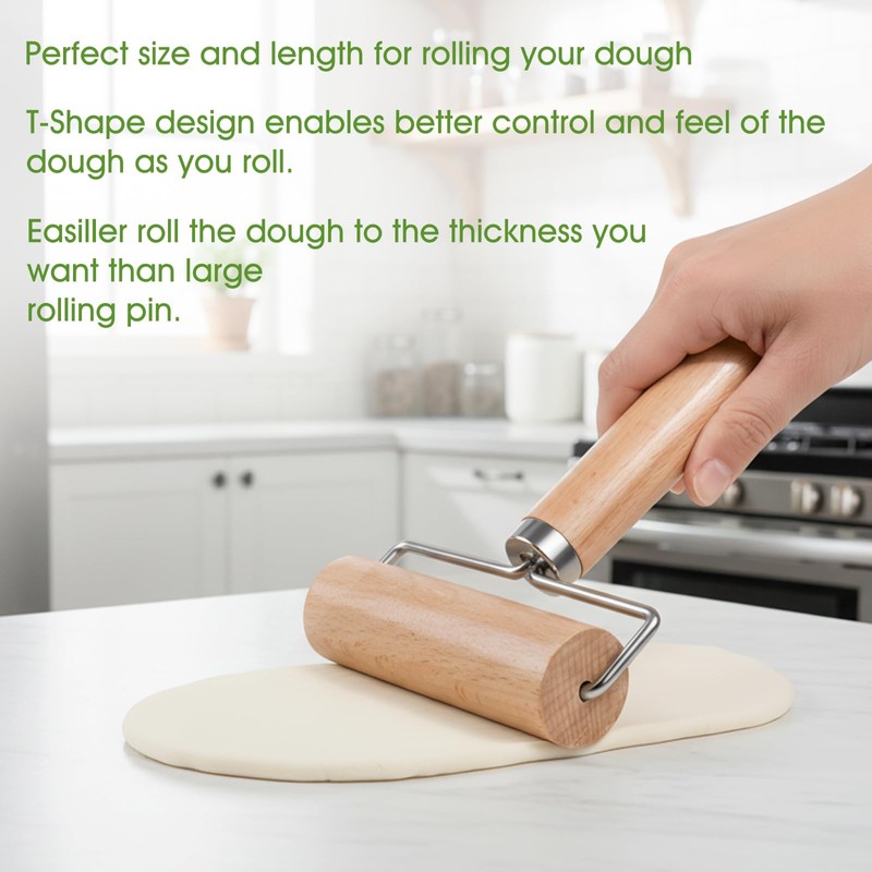 LorisArm Small Rolling Pin with Handle, Wooden Dough Pastry Roller,