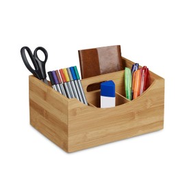 Relaxdays Bamboo Desk Organizer, Pencil Holder, 4 Compartments, Handle, Wood Grain, Size: ca 12 x 25 x 18 cm, Natural Brown, 18 x 25 x 12 cm