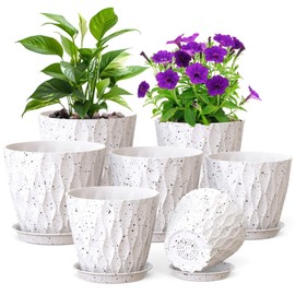 Meowell 7/6.5/6/5.5/5/4.5/4 inch Plant Pots for Indoor Outdoor Plants, 7 Pack Thick Flower Pots with Drainage Holes and Saucers, Modern Wave Texture Plastic Planters Nursery Pots, Speckled White