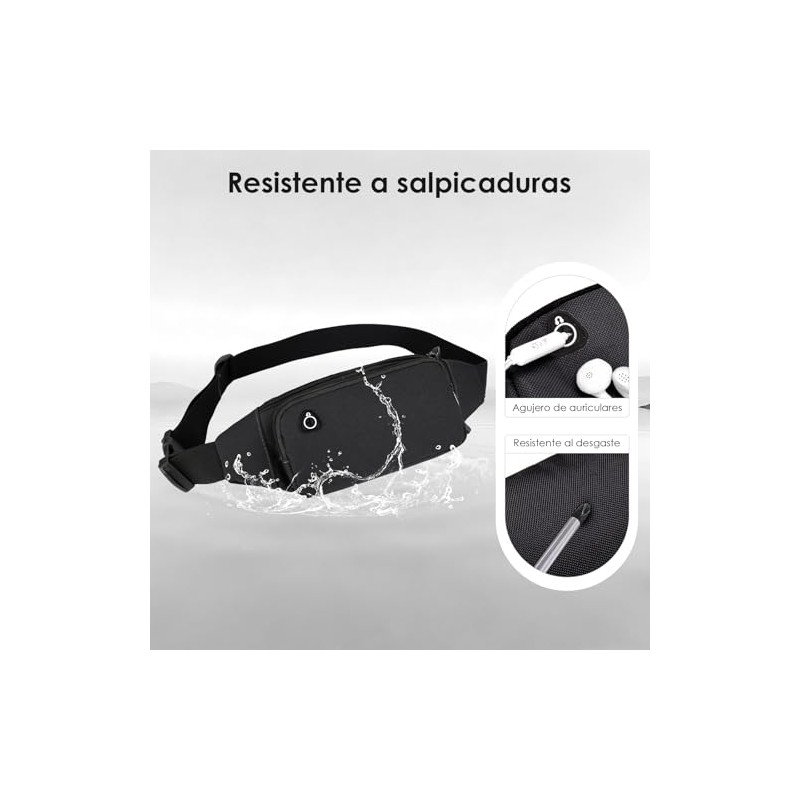 2PCS Riñonera Deportiva Impermeable, Multifuncional con Cremallera (Negro + Negro)