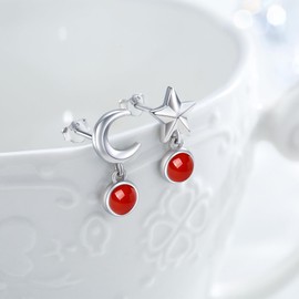 PARYFO Moon Star Earrings 925 Sterling Silver Embellished with Red Onyx Hypoallergenic Moon And Star Earrings Jewelry for Women Girls Teens