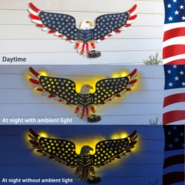 23" American Eagle Metal Wall Art with Solar Lights Outdoor - 4th of July Decorations Outdoor | Led-lit Patriotic Sculpture with American Flag | Solar Powered Independence Day Decor for Yard & Porch