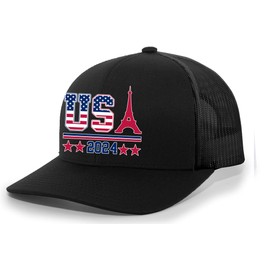 Trenz Shirt Company USA 2024 Eiffel Tower Patriotic Embroidered Trucker Hat, Heather Grey/American Flag