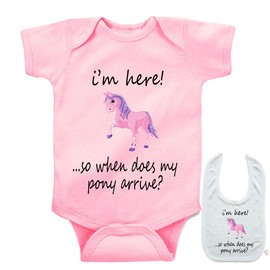 I'm here ..so where is my pony? -Cute custom Baby bodysuit onesie & matching bib