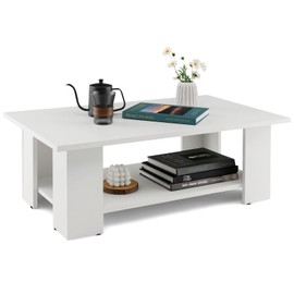 Tangkula 2-Tier Coffee Table, Modern Rectangular Center Cocktail Table with 5 Support Legs, Wooden Accent Living Room Furniture, Small Coffee Table for Small Spaces, Easy Assembly (White)