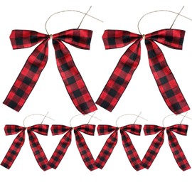 Black and White Buffalo Plaid Bows for Gift Wrapping, Wired Ribbon Bows for Wreath, 8”× 12.5”Inches Bow for Craft Decorations, 6Pcs (red and Black)