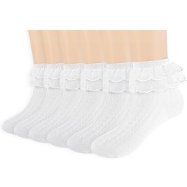 HZHSGLY 6 Pairs White Girls Frilly Socks 12-18 Month Baby Frilly Ankle Socks, Ruffle Lace Ballet Socks for Girls Age 3-4 5-6 7-8 Years