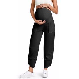 Yousify Womens Maternity Pants Casual Wide Leg Stretchy Ribbed Palazzo Pregnancy Trousers with Pockets Black