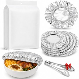 Aluminum Covers for Food, Reusable Stretchy Foil Lids with Elastic Edge, Heat Retaining Bowl Wraps for Plates, Trays, Containers, Leftovers, Meal Prep, Picnic, Kitchen Storage (10Pcs)