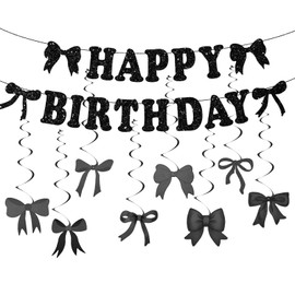 Black Bow Birthday Decorations, Bow Black Birthday Decorations Banner Garland for Baby Shower Brida Wedding Girls Women, Theme Party Supplies