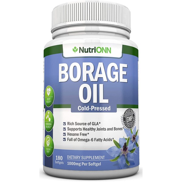 Borage Oil - 1000 mg - 180 Softgels - Cold Pressed High GLA Borage Seed Oil - Hexane and PA Free - Great for Skin, Joints and Bones. Supports Healthy Hormonal Balance and Heart Health