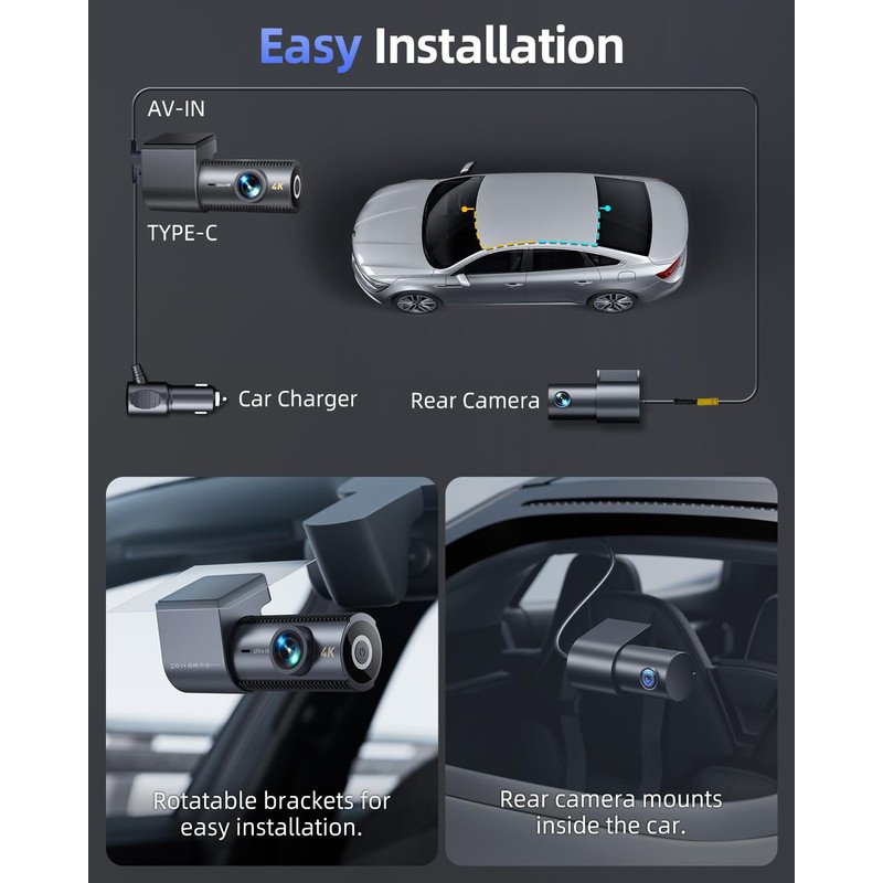CIEVIE 4K Dash Cam Front and Rear Camera, 64GB SD