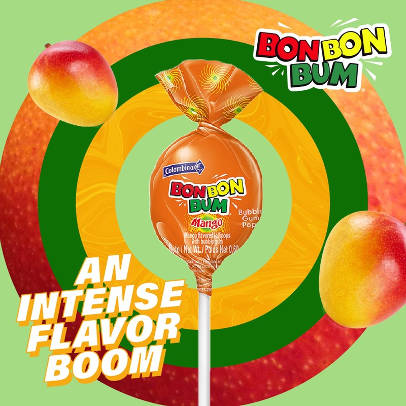 Colombina Bon Bon Bum Lollipops Mango Flavor, 24 Count (Pack