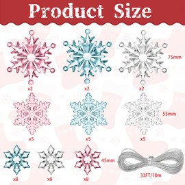 45 Pieces Acrylic Snowflake Ornaments 3 Styles Crystal Clear Plastic Xmas Tree Pendant for Christmas Winter Snow Theme DIY Decorations (Transparent, Pink, Blue)