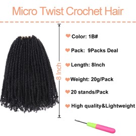 Mscat 8 Inch 9Packs Micro Twist Crochet Hair Bob Crochet Braids Pre looped Mini Passion Twist Mini Senegalese Twist Crochet Hair Pre-looped Hair Micro Braids Crochet Hair Extensions 1B#