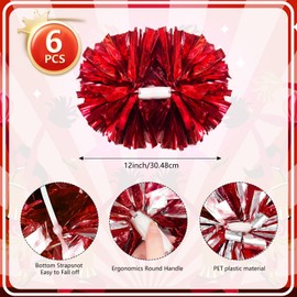 6 Pcs Red Metallic Cheerleading Pom Poms, 12Inch Cheerleader Pompoms with Baton Handle for Kids Adults School Team Sports Games Dance Cheering