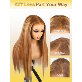 ORIGINAL QUEEN OQ Hair Glueless Wigs Human Hair Pre Plucked Pre Cut Highlight Straight 4/27 Lace Front Wigs for Women Honey Blonde 5X7 Wear and Go Glueless Wigs Human Hair 28Inch