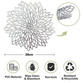 HEYOMART PVC Placemats Sets of 4 Round Leaf Place Mats Washable Heat Resistant Vinyl Table Mats for Morden Kitchen Dining Table Wedding Accent Centerpiece Placemat, Silver