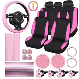 Estune 46 Pcs Car Seat Cover Full Set for Women Pink Wheel Cover Seat Belt Shoulder Pads Cup Holders Bling Start Button Ring Sticker Air Vent Clip Car Vent Outlet Trim with Scraper, Pink