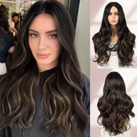 QUEENTAS 24 Inch Long Brown Wigs for Women with Highlights Wavy Curly Wig Cosplay Synthetic Hair Wig