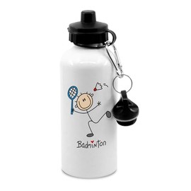 Badminton stick figure water bottle with clip, sports, activities, games, hydrate, drinks bottle, drinking bottle, water bottle
