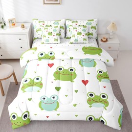Kids Frog Twin Size Comforter Set 7-Piece Toddler Funny Frog Bedding Sets,Cartoon Animal Theme Bed in a Bag Green Wildlife Bedding Comforter Sets Love Heart Bed Set Kids Boys Girls Bedroom Decor