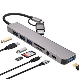 Leehitech USB C Hub, 8 in 2 Docking Station, USB C + USB to USB 3.0 x 1, USB 2.0 x 3, SD, TF, 3.5 mm Audio, USB C Data Adapter, Multiport Docking Station Suitable for PC, MacBook Pro, MacBook Air,