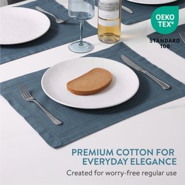 JEMIDI Set of 6 Place Mats with Hemstitch - 6 Cotton Placemats - 6 x Place Mats Made of Linen Look Fabric - Table Sets Placemats - Blue