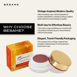BESAME Rose Pink Cream Rouge - 1959, Highly Pigmented, Matte Finish, Multi-Use for Lips and Cheeks, Vintage-Inspired Reusable Tin, Long-Wearing, Sensitive Skin Friendly
