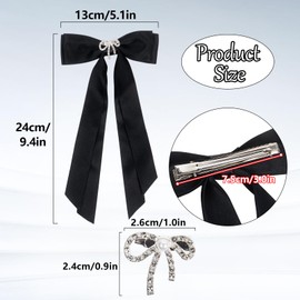 2 Pack Hair Bows for Women, Bow Hair Clips with 2 Bow Tie Pins Black Ribbons for Hair, Hair Bow Clips with Long Tail Hair Accessories for Women Girls(Black, Beige)