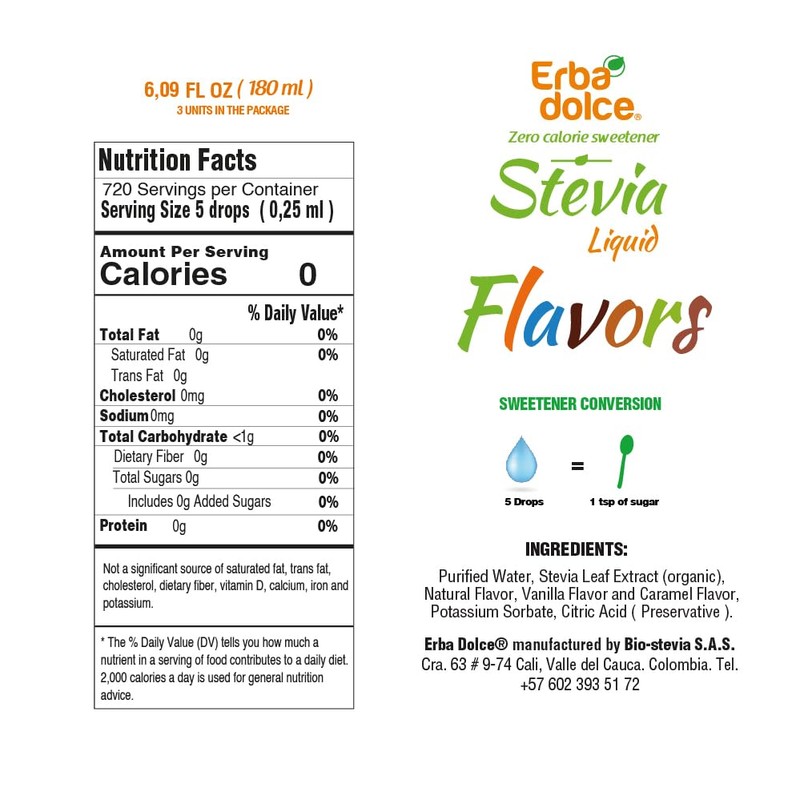 Stevia Liquid Zero Calorie Sweetener, 3 Flavors (Natural, Vanilla, Caramel),