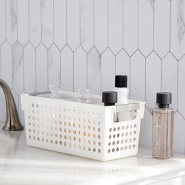 Farmlyn Creek 4 Pack White Plastic Baskets with Gray Handles, Narrow Storage Bins for Organizing, Kitchen Shelves, Small Nesting Containers (11.5 x 5 x 5 inch)