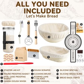 Sourdough Starter Kit, Banneton Bread Proofing Basket 9 Inch Round &10 Oval, 26 PCS Sourdough Bread Baking Supplies-Sourdough Starter Jar, Bread Sling, Bread Lame, Danish Dough Whisk, Bread Bags