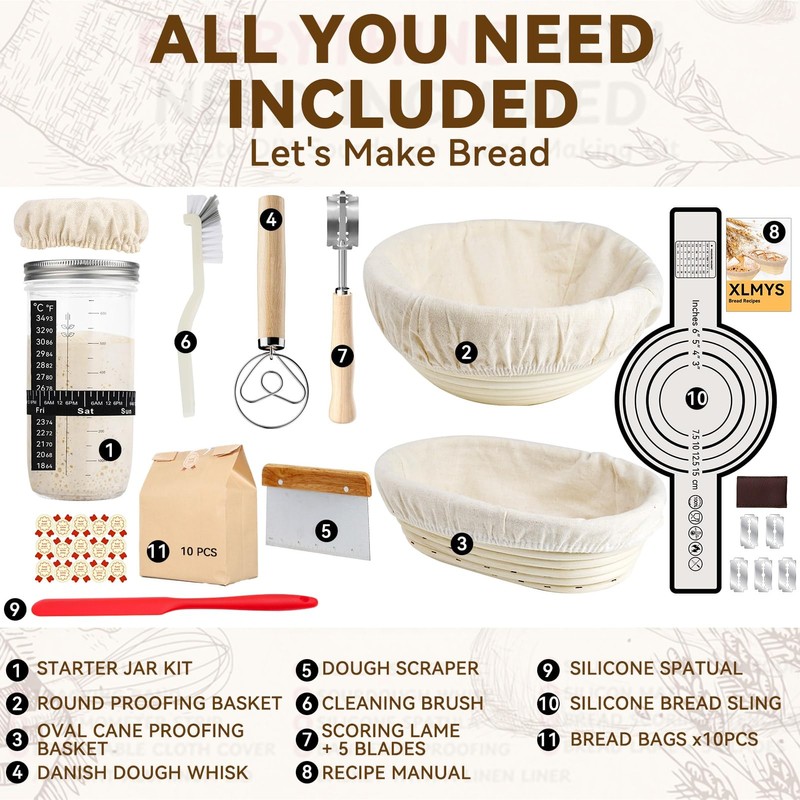 Sourdough Starter Kit, Banneton Bread Proofing Basket 9 Inch Round