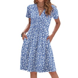 AUSELILY Womens Summer Dresses 2025 Short Sleeve V Neck Floral Sundress with Pockets, Gray Blue Flower M