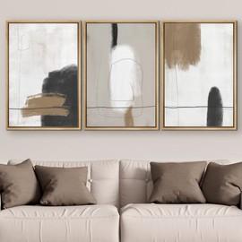 SIGNFORD Framed Canvas Print Wall Art Set Grunge Brown White Paint Strokes Abstract Shapes Illustrations Modern Art Bohemian Nordic Relax/Calm for Living Room, Bedroom, Office - 24"x36"x3 Natural