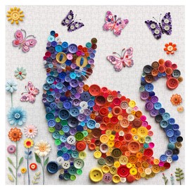 Buttons Cat Puzzles for Adults 1000 Pieces, Butterfly Cats Flower Jigsaw Puzzles, Challenging Animal Cute Kitten Puzzle as Home Wall Art