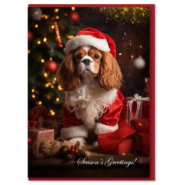 Cavalier King Charles Spaniel Santa Helper Christmas Card – Unique Artwork from Dogs for Christmas Collection, Blank Inside, Premium Cardstock, Red Envelope, Made by Pet-Friendly Small Business in USA